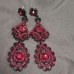 Dramatic Long Black Filigree Statement Dangle Earrings W/Deep Red Crystals